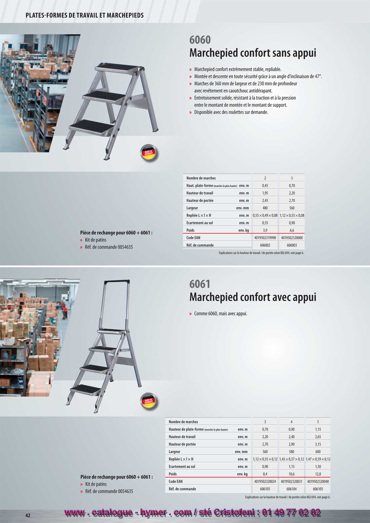 PLATE-FORMES DE TRAVAIL ET MARCHEPIEDS 



Marchepied sans appui 

– Marchepied pliant. 
– Accès en toute sécurité grâce à l‘angle d‘inclinaison de 47 degrés. 
– Marches de 360 mm de largeur et de 230 mm de profondeur avec revêtement 
antidérapant en caoutchouc. 
– Entretoisement solide, résistant à la traction et à la pression entre le montant 
de montée et le montant de support.